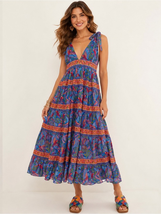 FARM Rio Dresses & Skirts - FARM Rio Blue Floral Tiered Tie-Shoulder Maxi Dress‎